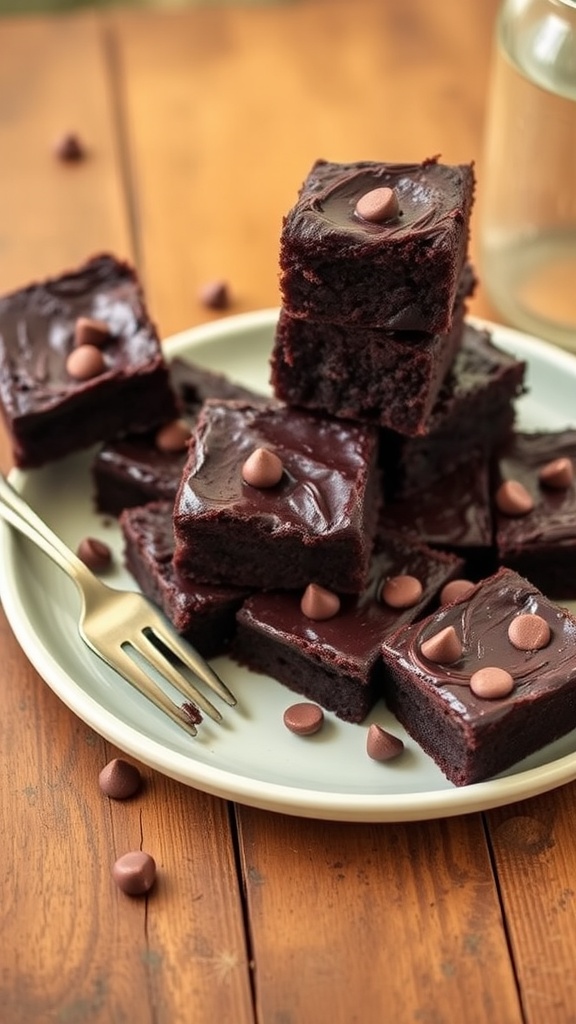 Fudgy black bean brownies displayed on a rustic plate, with chocolate chips on top, on a wooden table.